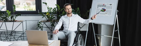 Улыбающийся инвалид-бизнесмен, указывающий на флип-чарт во время видеоконференции в офисе, баннер — стоковое фото