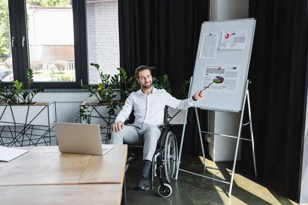 Empresário com deficiência em cadeira de rodas apontando para flip chart durante videochamada no laptop no escritório — Fotografia de Stock