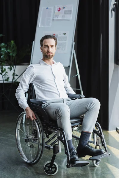 Schwerbehinderter Geschäftsmann im Rollstuhl blickt in Kamera neben verschwommenem Flipchart — Stockfoto