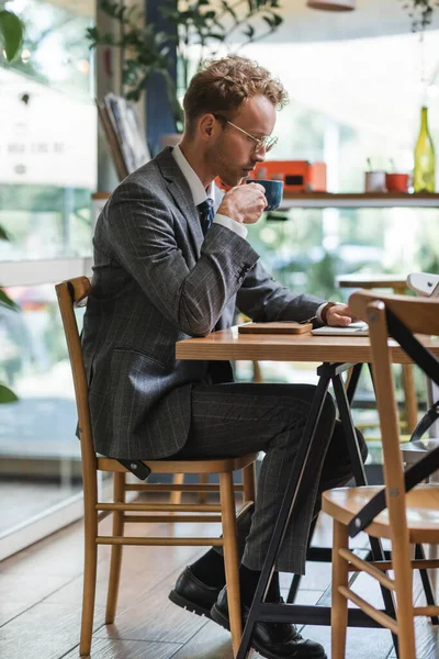 Вид збоку кучерявого бізнесмена в офіційному одязі і окулярах з використанням ноутбука і питної кави в кафе — стокове фото