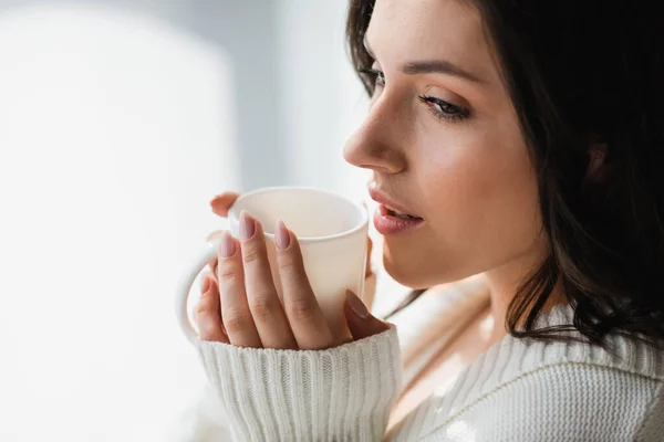 Giovane donna bruna in vestiti caldi che tiene una tazza di tè a casa — Foto stock