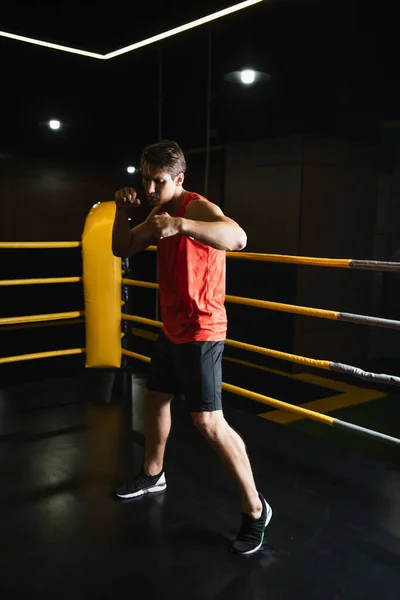 Vue de pleine longueur de la boxe sportive dans l'anneau pendant l'entraînement dans la salle de gym — Photo de stock