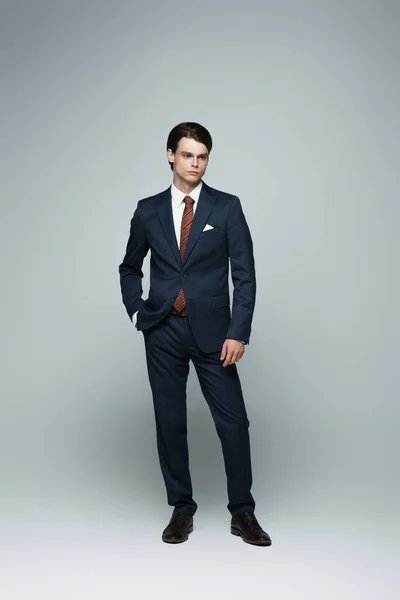 Longitud completa de joven hombre de negocios andrógino en traje posando con la mano en el bolsillo en gris - foto de stock