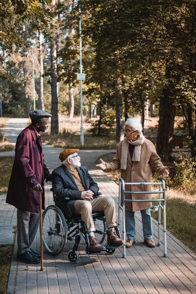 Asian man with walking frame talking to interracial friends with wheelchair in park — Stock Photo