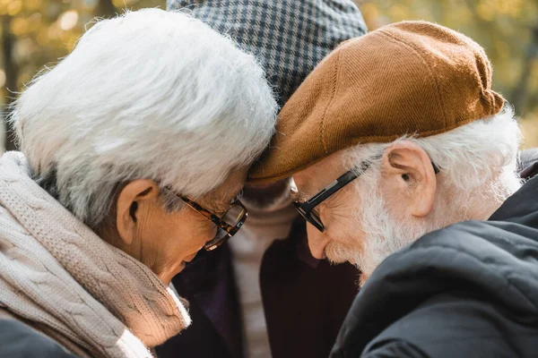 Hombres multiétnicos en anteojos de pie en el parque - foto de stock