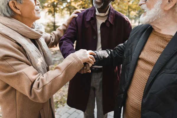 Vista recortada de hombres mayores interracial tomados de la mano al aire libre - foto de stock