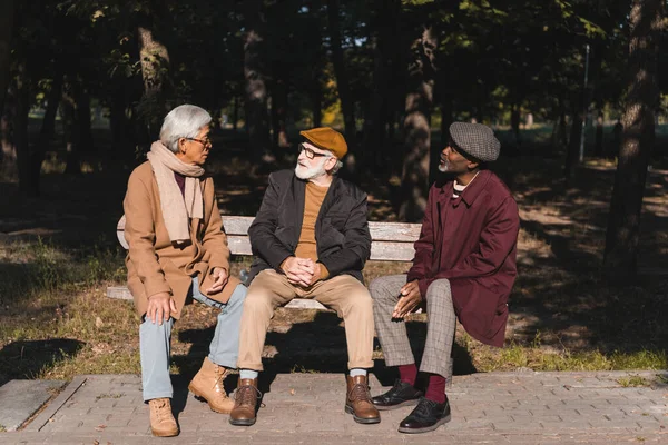 Hombres mayores multiculturales hablando en el banco en el parque durante el otoño - foto de stock