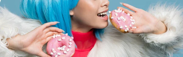 Vue recadrée d'une femme souriante veste moelleuse tenant des beignets isolés sur bleu, bannière — Photo de stock