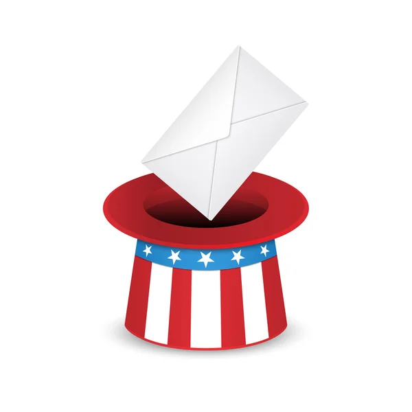 Tío Sam sombrero y sobre. Votación en las elecciones presidenciales de Estados Unidos. Ilustración vectorial aislada sobre fondo blanco . — Vector de stock
