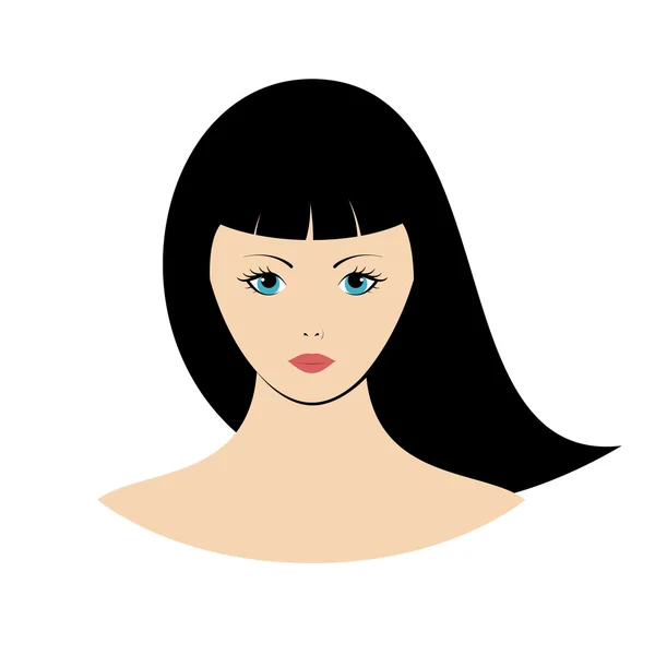 Cara de mujer con pelo negro y ojos azules . — Vector de stock