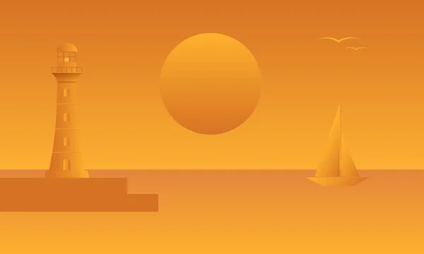 Paysage marin. Phare, jetée, voilier sur fond de coucher de soleil. Illustration vectorielle . — Image vectorielle