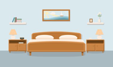 Yatak odası iç. Çift kişilik yatak odası. Mobilya ile bir çift için aile yatak odası.