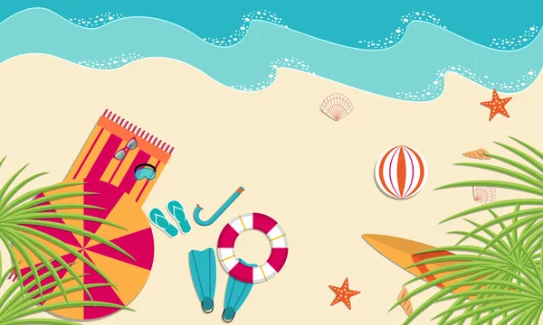 Plage tropicale et accessoires de plage. Ensemble d'illustrations vectorielles de palmier, parapluie, tapis, palmes, lunettes, coquillages sur le bord de la mer . — Image vectorielle