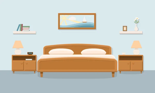 Εσωτερικό υπνοδωμάτιο. Υπνοδωμάτιο. Οικογενειακό υπνοδωμάτιο για ένα ζευγάρι με έπιπλα. — Διανυσματικό Αρχείο
