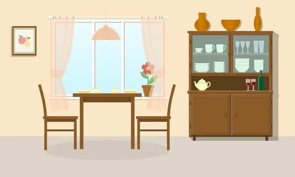 Comedor interior con mesa, sillas y aparador . — Vector de stock