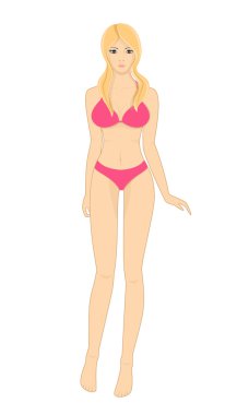 Young woman with an attractive figure in a pink bikini. Glamorous blonde on the beach.