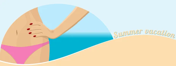 Baner plażowy. Letnia piaszczysta plaża tropikalna. Plakat wakacje na morzu. Kobieta hip w bikini. — Wektor stockowy