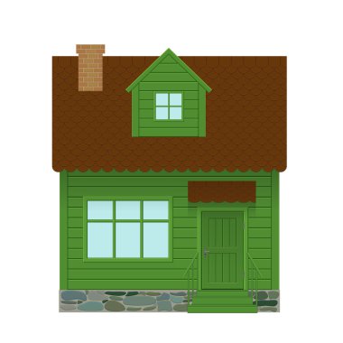 Wooden green detailed house with brown roof and brick chimney.