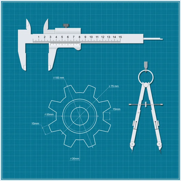 Gear, calipers, compasses on a background of blue drawing paper. Drawing technical mechanism. — Stock Vector