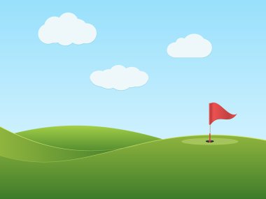 Golf Sahası ile delik ve kırmızı bayrak. 