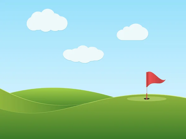 Golf Sahası ile delik ve kırmızı bayrak. 