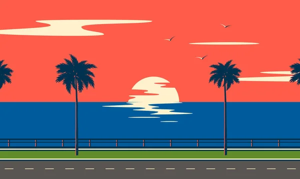 Trip Road Sea Sunset Summer Tropical Beach Palm Trees Sea — Stock Vector