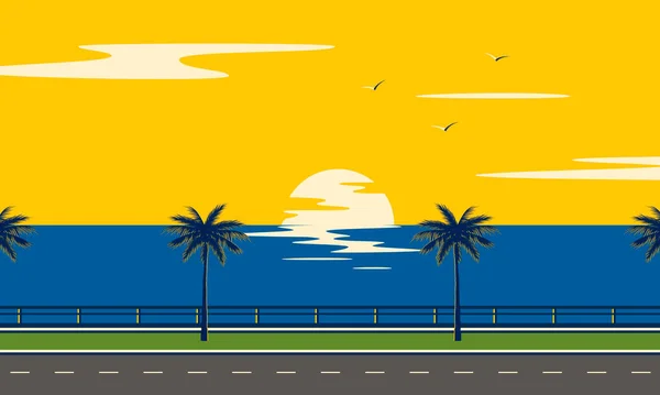 Viaje Por Carretera Mar Playa Tropical Verano Atardecer Con Palmeras — Archivo Imágenes Vectoriales