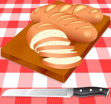 ekmek, bıçak, masa örtüsü, kesme tahtası