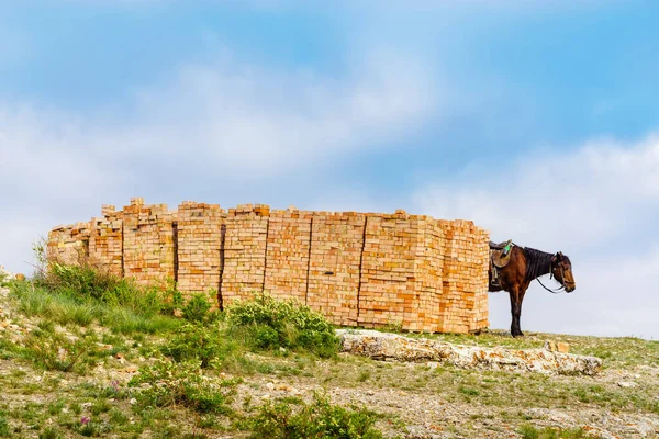 Riding Horse Piles Bricks Picture Taken Top Chasovnaya Mountain Village — 图库照片