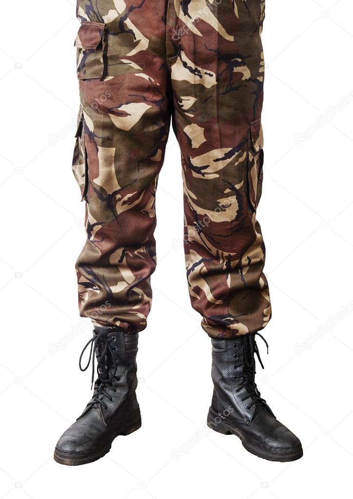 Men feet in camouflage pants and army boots