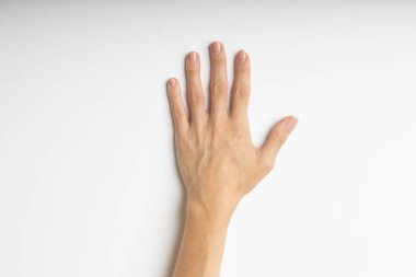 Human hand with open fingers on a white background, top view.