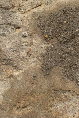 Yıpranmış bir taş duvar yüzeyinin yakın çekimi kaba dokuyu, kum tanelerini ve bej ve kahverengi tonlarında doğal renk değişimlerini gösterir..