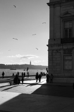 Siyah ve beyaz sokak fotoğrafçılığı Lizbon 'daki bir rıhtım boyunca yürüyen insanları uzun gölgeler altında, kuşlar tepemizde uçuyor ve nehir kenarında klasik bir mimari oluşturarak sakin bir şehir atmosferi yaratıyor..