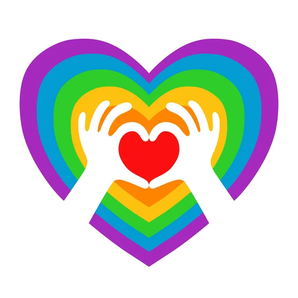 Conceito de orgulho da comunidade LGBT com coração arco-íris e mãos em forma de coração. Ilustração vetorial isolada. — Vetor de Stock