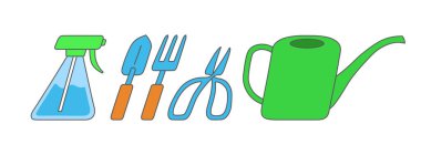 Ev bitkileri bakımı ve bahçe işleri için bir takım aletler. Beyaz üzerine izole edilmiş vektör düz illüstrasyon.