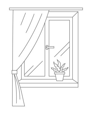 Perdeleri ve bitkileri olan modern bir mesken penceresi. Satır sanatı.