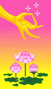 Lotus çiçeklerinin üzerindeki Buda heykelinin altın eli.
