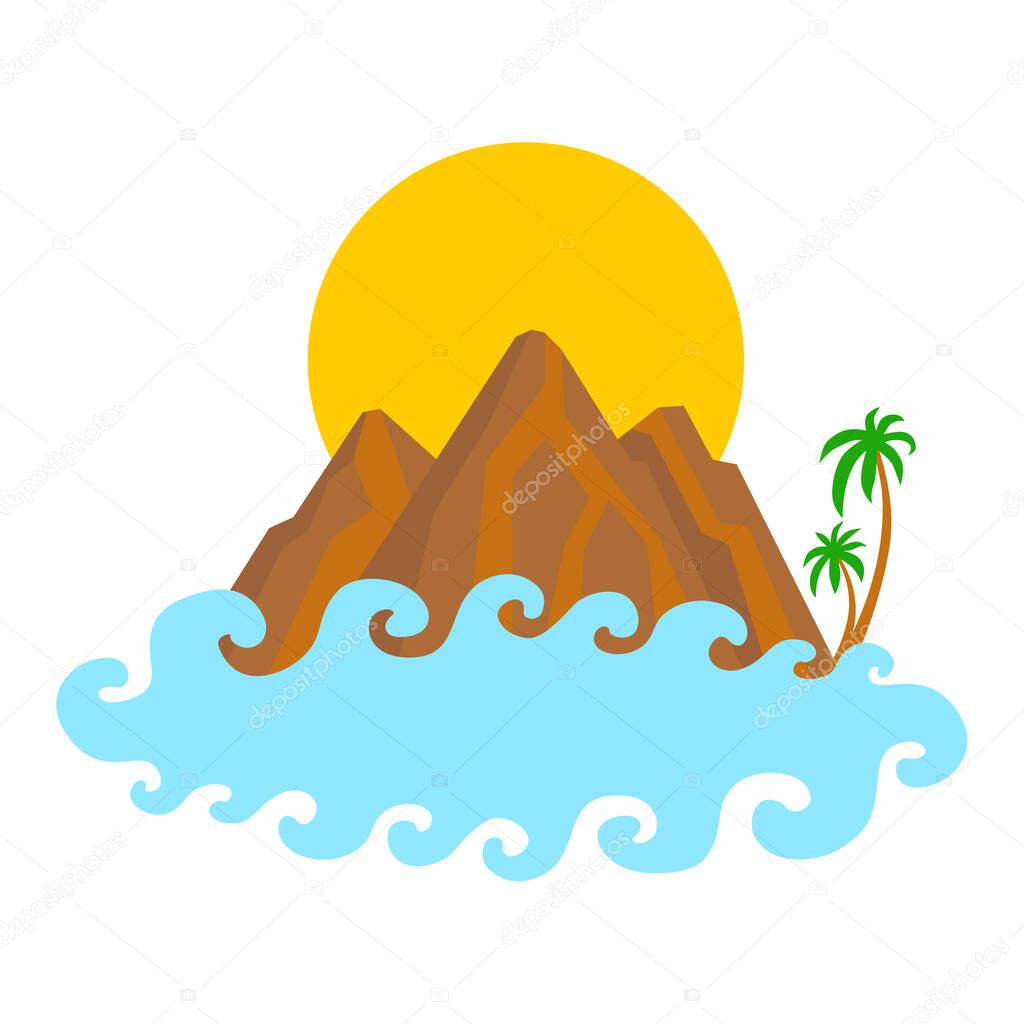 Rocky mountains with palms, sun and cloud. Vector isolated on white.