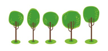 O şeklinde taçlı güzel ağaçlar. Beyaz arkaplanda izole edilmiş vektör.