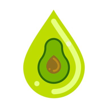 Avokado dilimi yağ damlasının içinde. Avokado yağı. Düz vektör çizimi beyaz arkaplanda izole edildi.