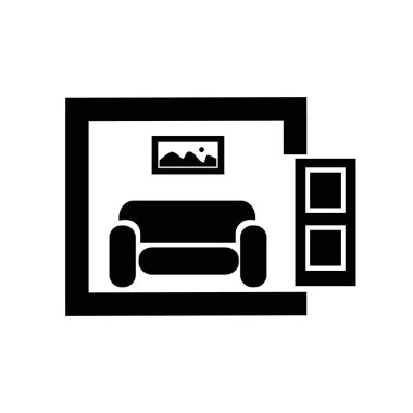 Kanepesi ve çerçevesi olan küçük, rahat bir daire ya da dolap. Kapı açık. Beyaz üzerine izole edilmiş siyah pictogpaph vektörü.