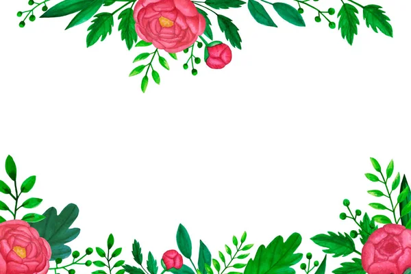 Marco floral con flores de peonía rosa y hojas —  Fotos de Stock