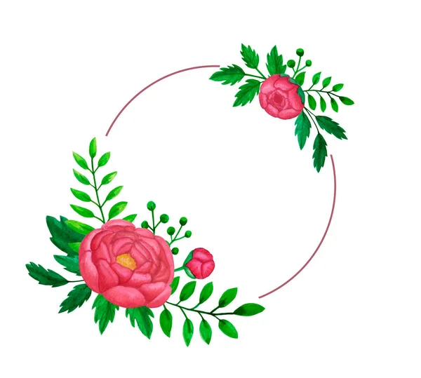 Marco de círculo floral con flores de peonía rosa y hojas —  Fotos de Stock