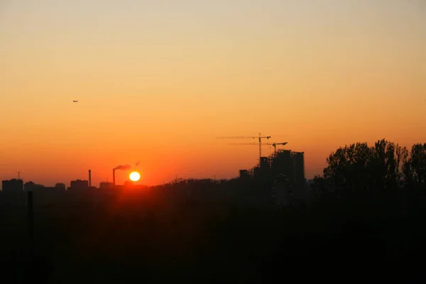 Coucher Soleil Sur Chantier Construction Dans Ville — Photo