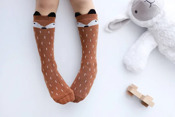 Tilki desenli çorap ve oyuncak kuzu. Üst görünüm.