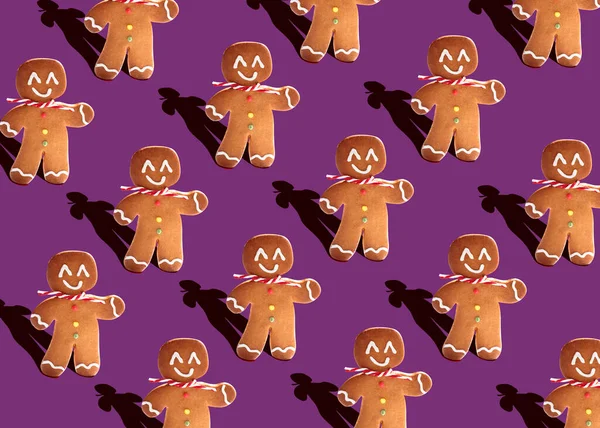 Kurabiye Adam, yaratıcı, minimal yemek fotoğrafçılığı düzlüğü. Pastel mor arkaplan