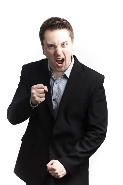 Schreiender Geschäftsmann mit Fäusten auf weißem Hintergrund — Stockfoto