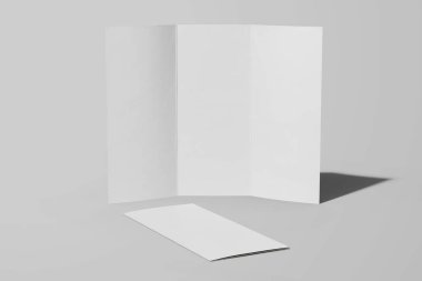 Boş kağıt üç katlı broşür yayılmış ve katlanmış ayakta duran görünüm gerçekçi modelleme şablonu izole