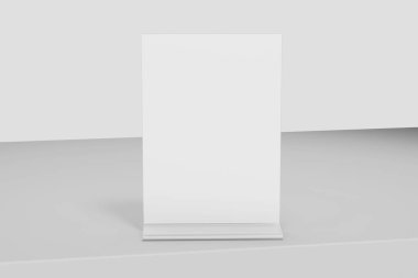 blank transparent acrylic plastic table tent holder realistic mockup template with 5x7 inch vertical paper size 3d render isolated placed on table