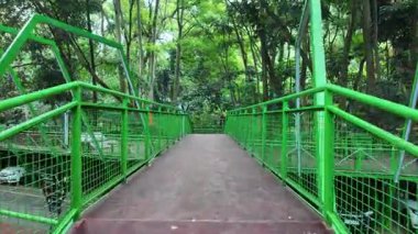 Yoğun, yemyeşil bir orman tepe örtüsü boyunca uzanan yeşil bir metal köprü. Yol ağaçlara çıkıyor, huzurlu ve doğal bir manzara yaratıyor..